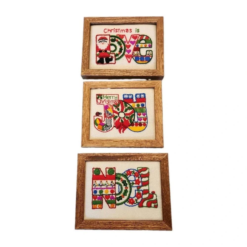 Vtg Lot Of 3 Merry Christmas Joy Noel Love Crewel Needlepoints FINISHED FRAMED